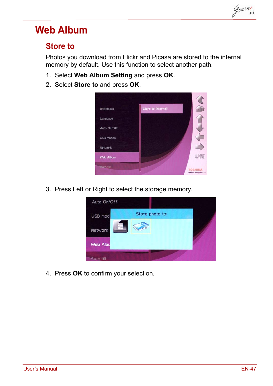 Web album, Store to | Toshiba JournE Air800-801 User Manual | Page 47 / 829