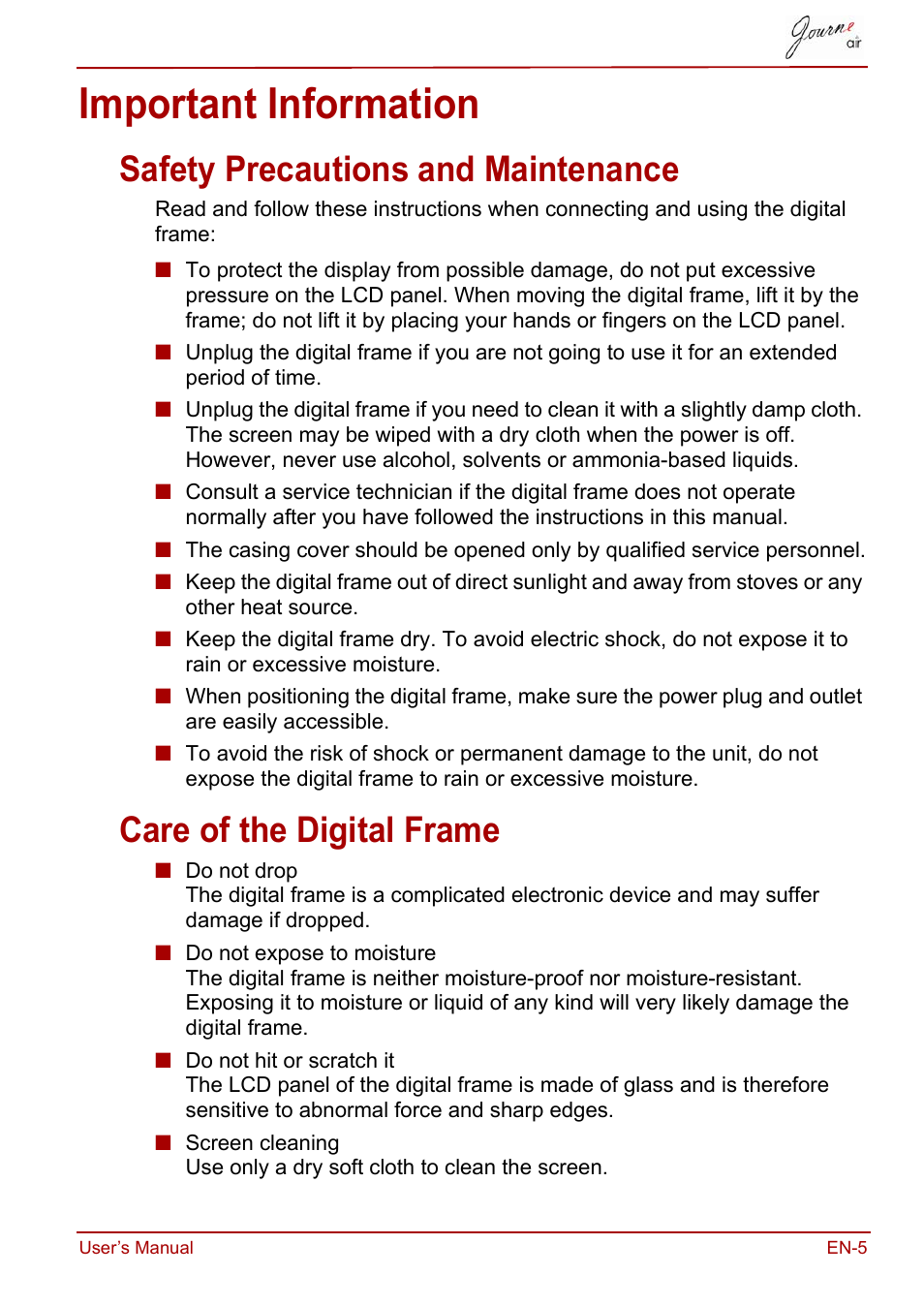 Important information, Safety precautions and maintenance, Care of the digital frame | Toshiba JournE Air800-801 User Manual | Page 5 / 829