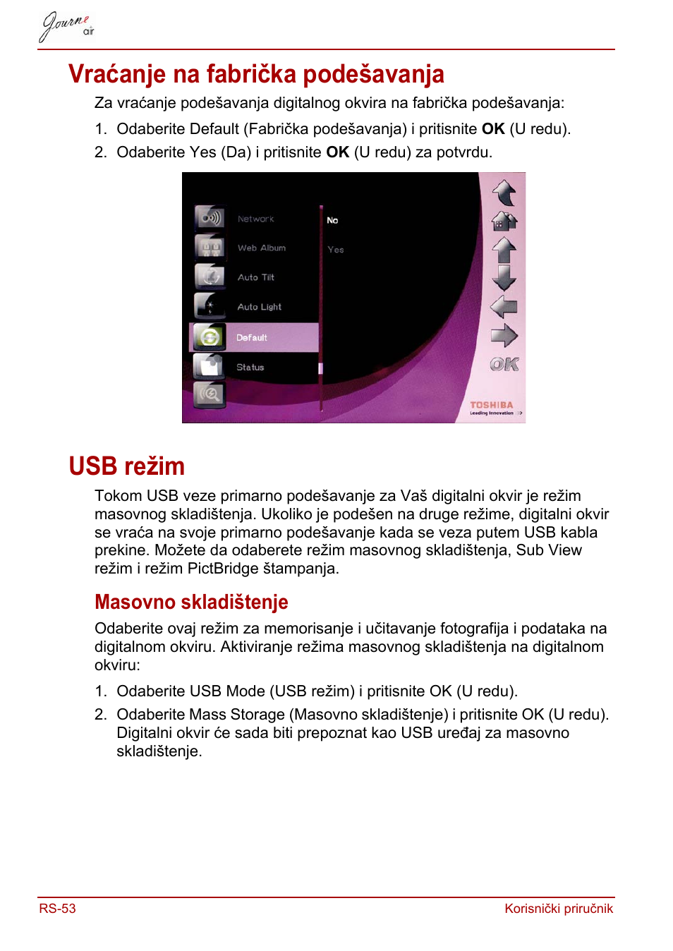 Vraćanje na fabrička podešavanja, Usb režim, Masovno skladištenje | Vraćanje na fabrička podešavanja usb režim | Toshiba JournE Air800-801 User Manual | Page 500 / 829