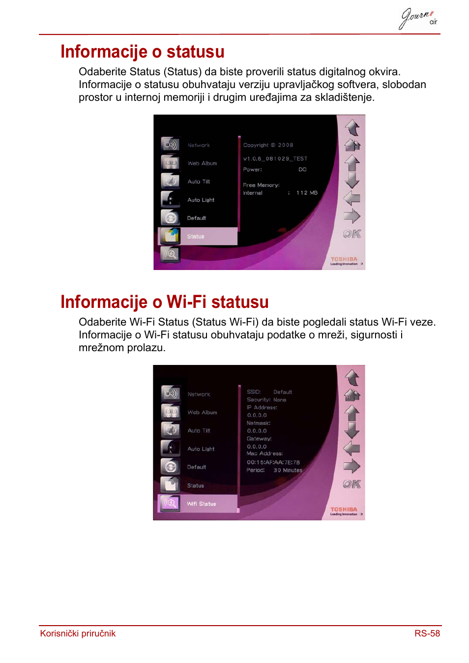 Informacije o statusu, Informacije o wi-fi statusu, Informacije o statusu informacije o wi-fi statusu | Toshiba JournE Air800-801 User Manual | Page 505 / 829