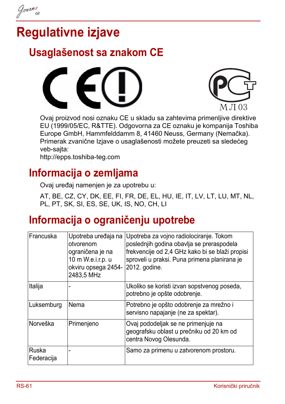 Regulativne izjave, Usaglašenost sa znakom ce, Informacija o zemljama | Informacija o ograničenju upotrebe | Toshiba JournE Air800-801 User Manual | Page 508 / 829