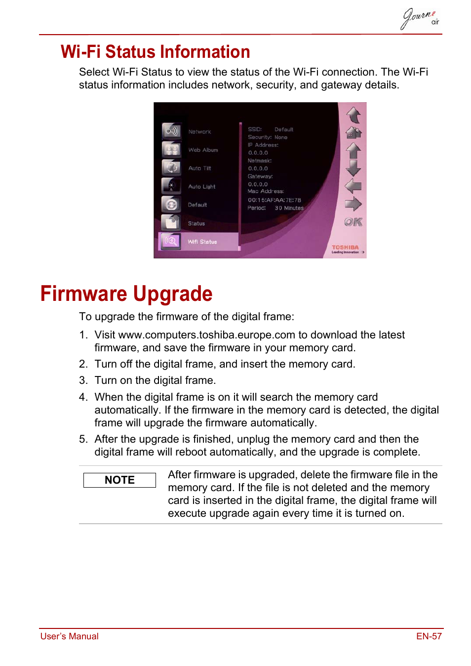 Wi-fi status information, Firmware upgrade | Toshiba JournE Air800-801 User Manual | Page 57 / 829