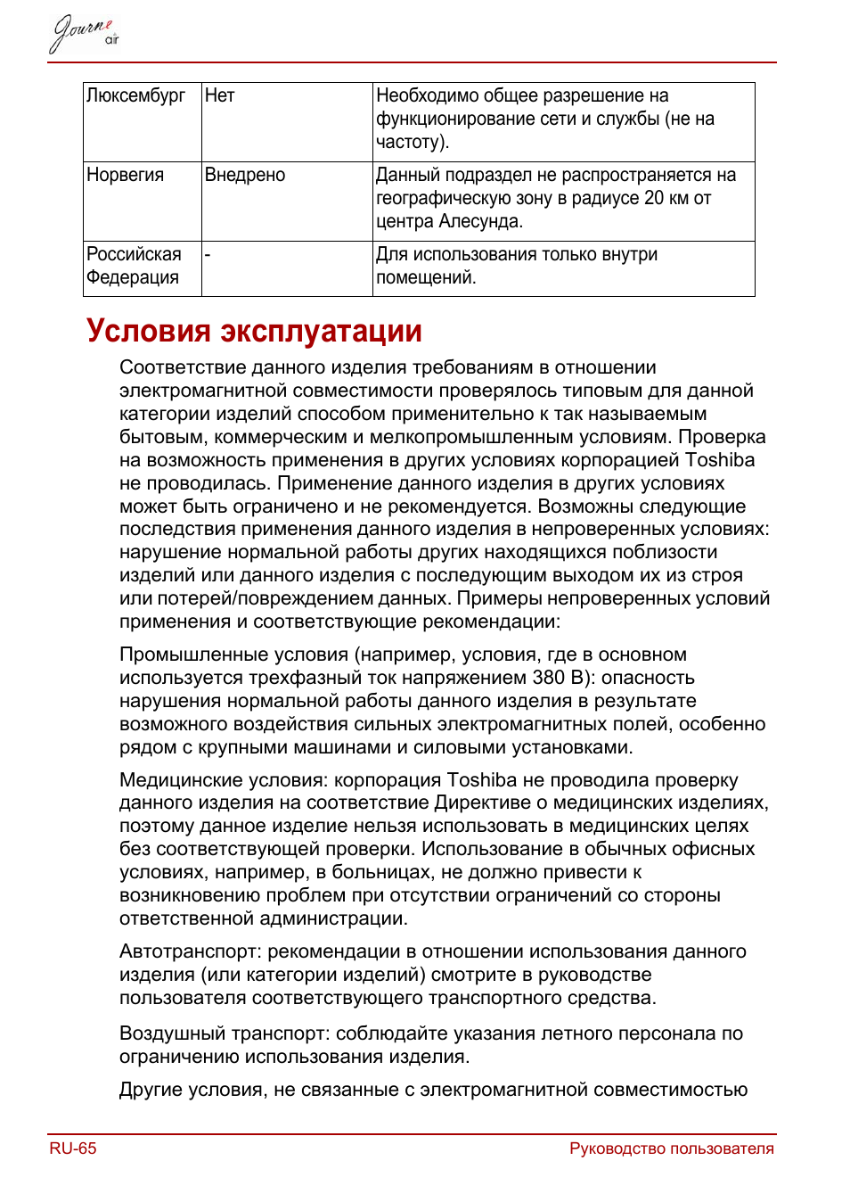 Условия эксплуатации | Toshiba JournE Air800-801 User Manual | Page 576 / 829