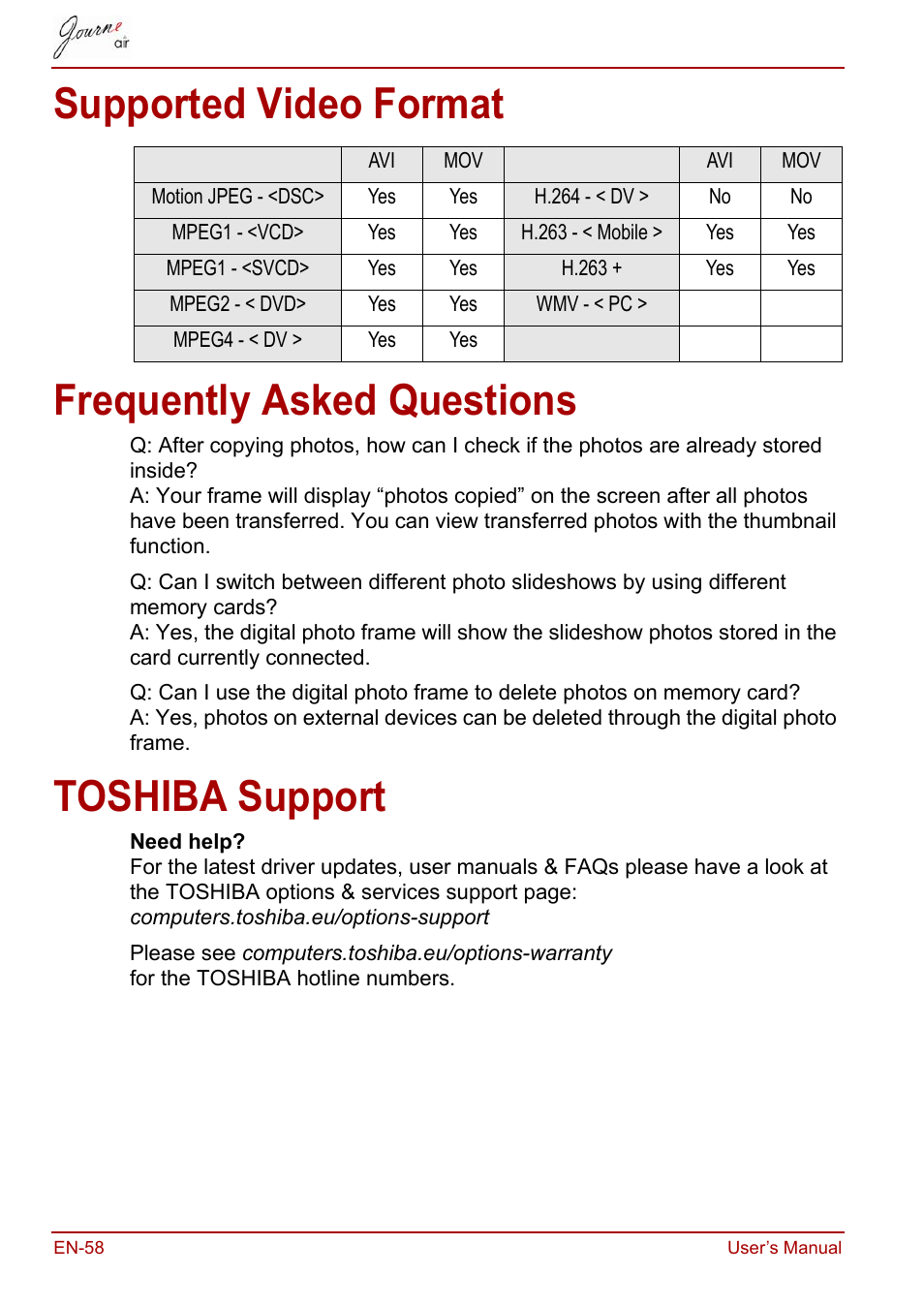 Supported video format, Frequently asked questions, Toshiba support | Supported video format frequently asked questions | Toshiba JournE Air800-801 User Manual | Page 58 / 829