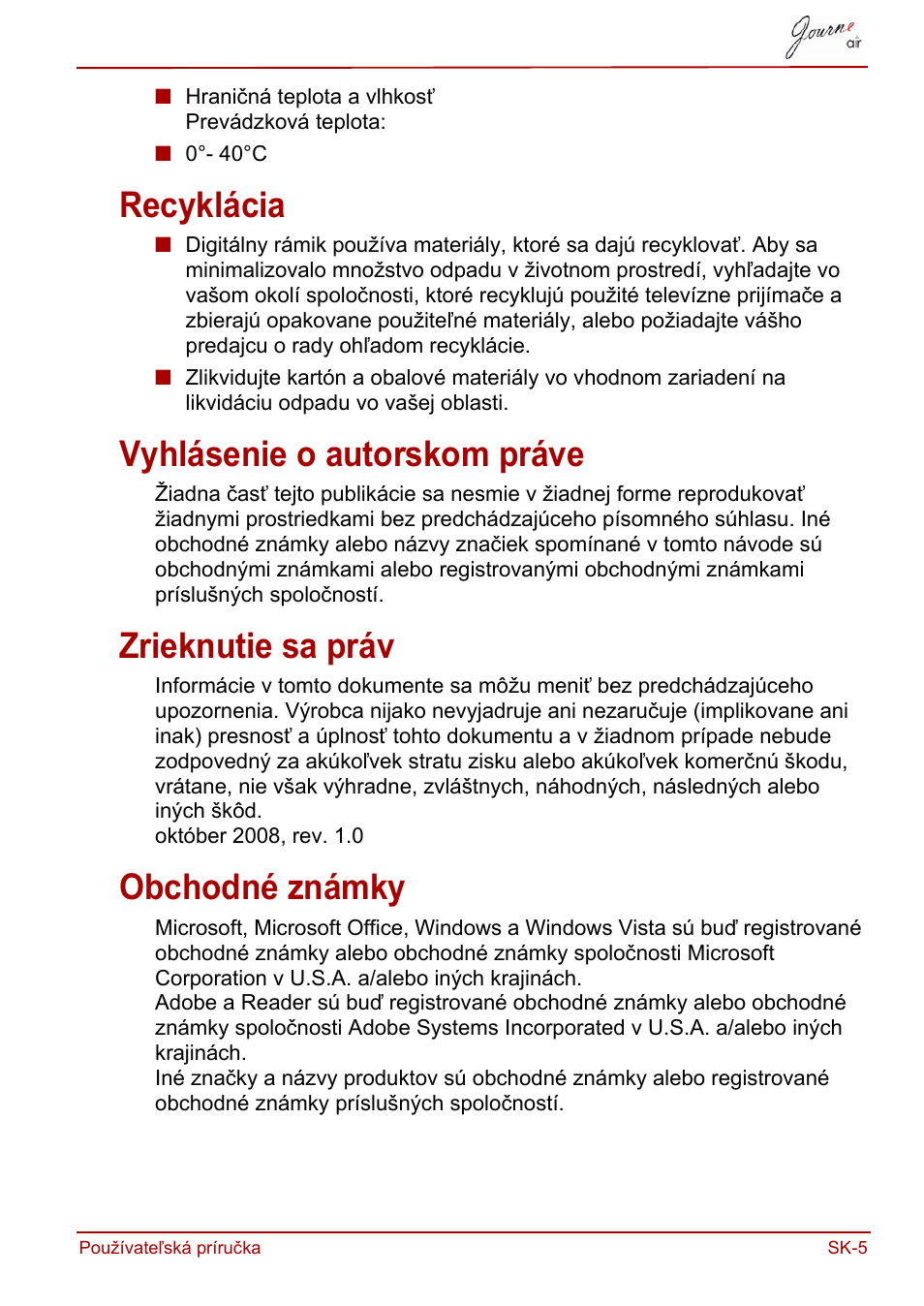 Recyklácia, Vyhlásenie o autorskom práve, Zrieknutie sa práv | Obchodné známky | Toshiba JournE Air800-801 User Manual | Page 583 / 829