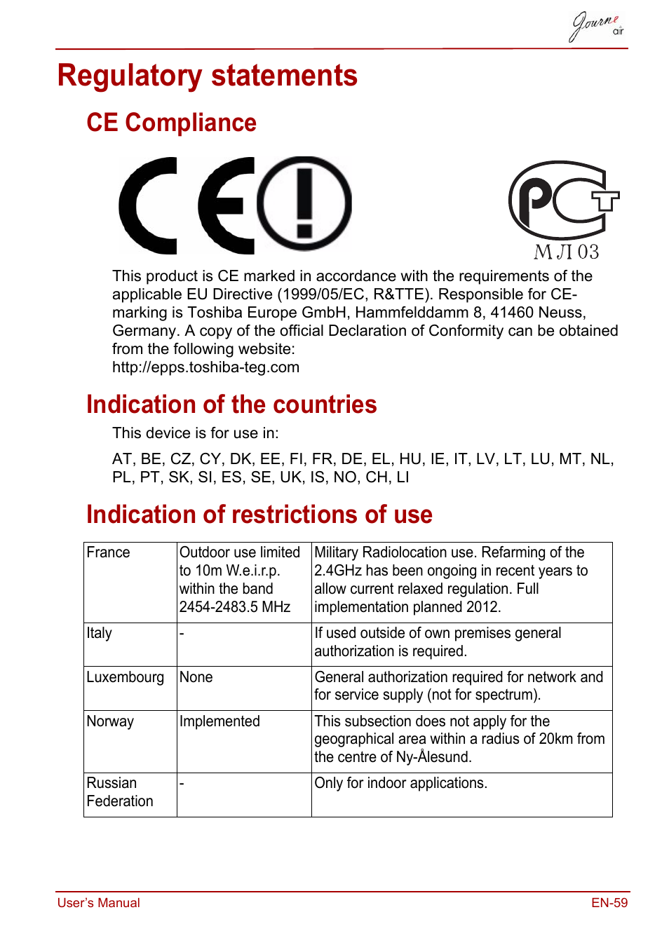 Regulatory statements, Ce compliance, Indication of the countries | Indication of restrictions of use | Toshiba JournE Air800-801 User Manual | Page 59 / 829