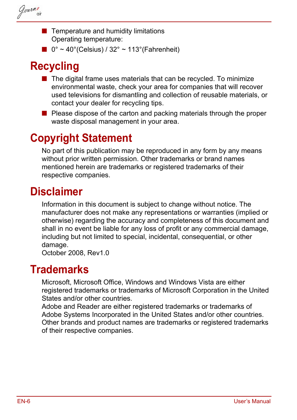 Recycling, Copyright statement, Disclaimer | Trademarks | Toshiba JournE Air800-801 User Manual | Page 6 / 829