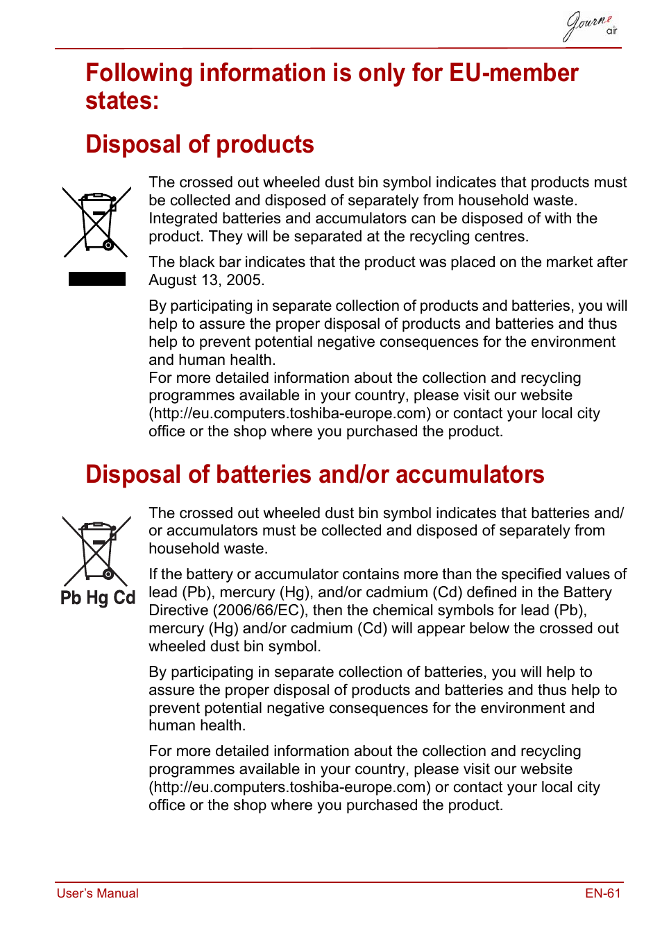 Following information is only for eu-member states, Disposal of products, Disposal of batteries and/or accumulators | Toshiba JournE Air800-801 User Manual | Page 61 / 829