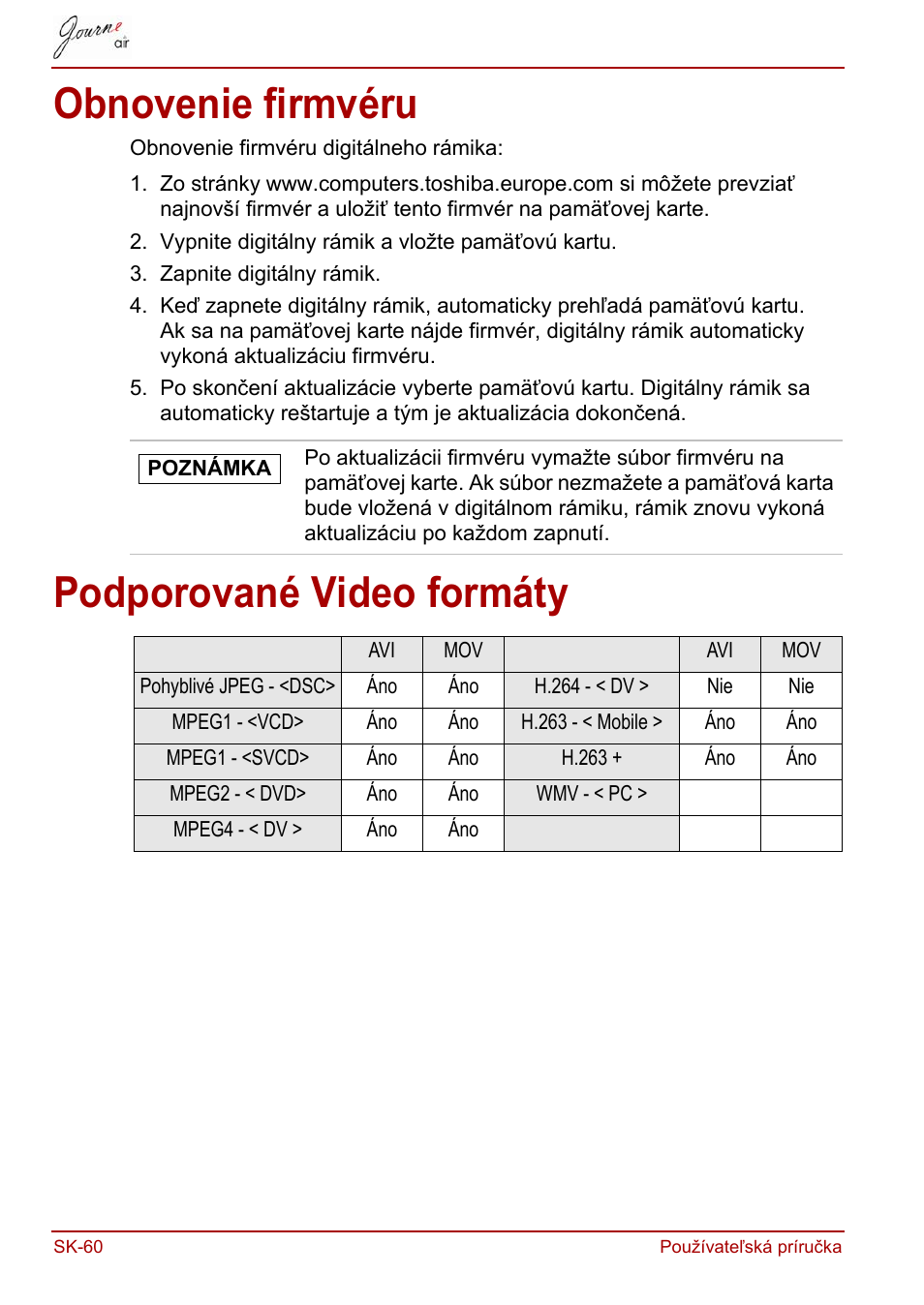 Obnovenie firmvéru, Podporované video formáty, Obnovenie firmvéru podporované video formáty | Toshiba JournE Air800-801 User Manual | Page 638 / 829