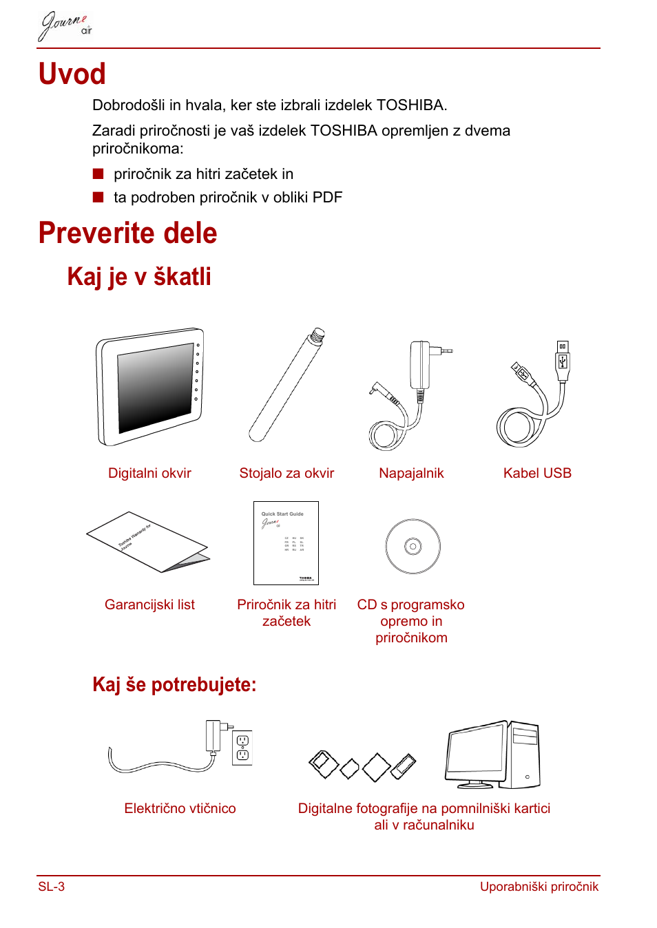 Uvod, Preverite dele, Uvod preverite dele | Kaj je v škatli, Kaj še potrebujete | Toshiba JournE Air800-801 User Manual | Page 646 / 829