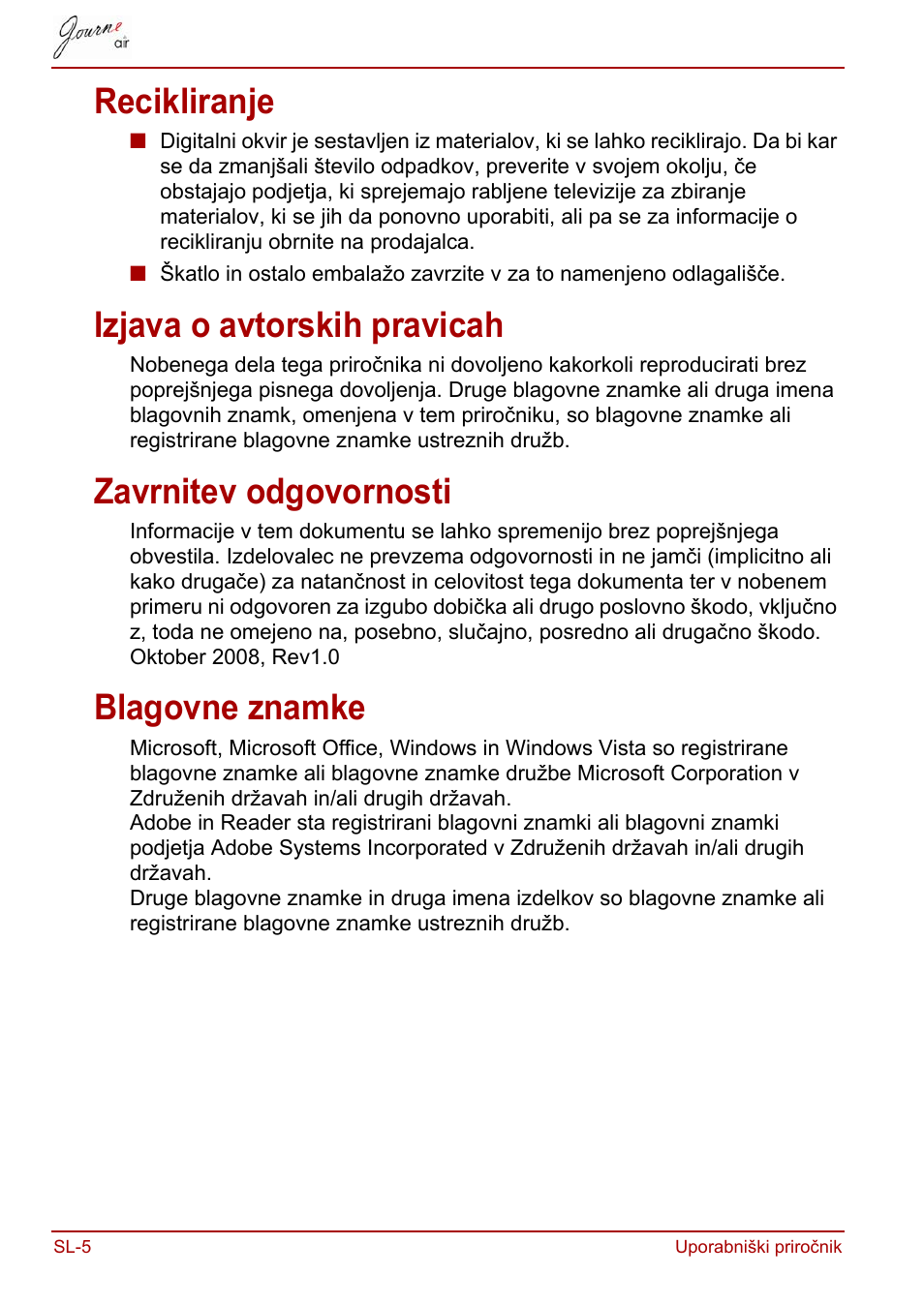 Recikliranje, Izjava o avtorskih pravicah, Zavrnitev odgovornosti | Blagovne znamke | Toshiba JournE Air800-801 User Manual | Page 648 / 829