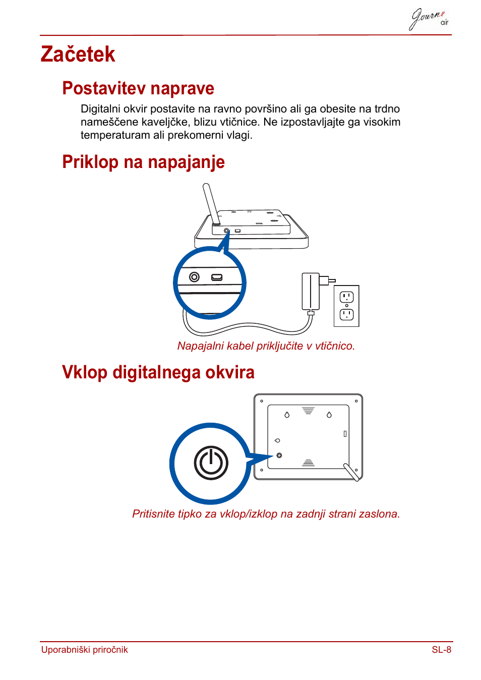 Začetek, Postavitev naprave, Priklop na napajanje | Vklop digitalnega okvira | Toshiba JournE Air800-801 User Manual | Page 651 / 829