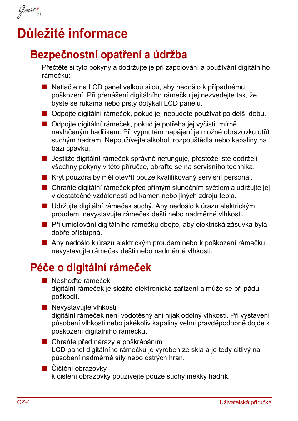 Důležité informace, Bezpečnostní opatření a údržba, Péče o digitální rámeček | Toshiba JournE Air800-801 User Manual | Page 66 / 829