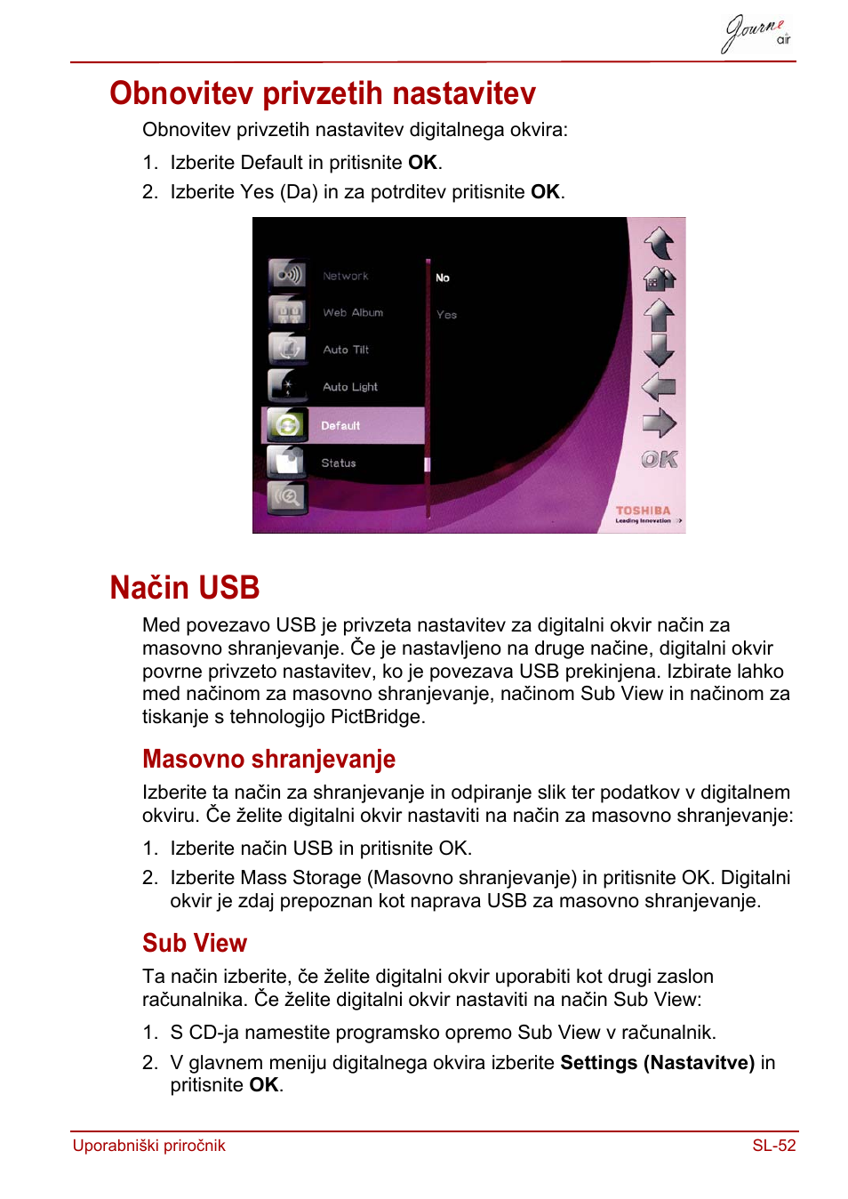 Obnovitev privzetih nastavitev, Način usb, Masovno shranjevanje | Sub view, Obnovitev privzetih nastavitev način usb, Masovno shranjevanje sub view | Toshiba JournE Air800-801 User Manual | Page 695 / 829