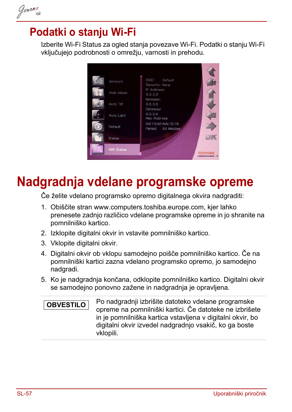 Podatki o stanju wi-fi, Nadgradnja vdelane programske opreme | Toshiba JournE Air800-801 User Manual | Page 700 / 829