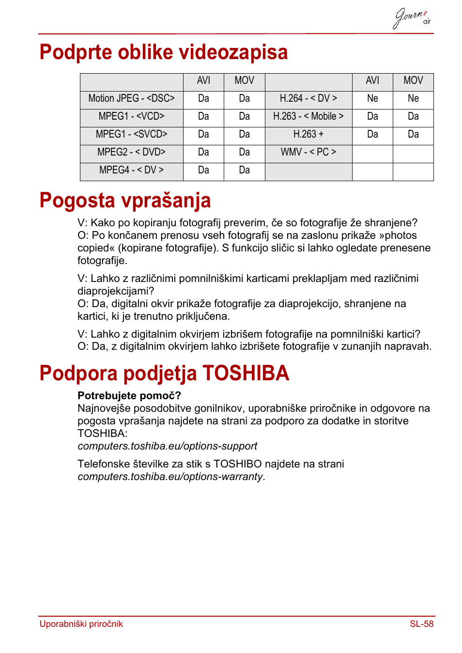 Podprte oblike videozapisa, Pogosta vprašanja, Podpora podjetja toshiba | Podprte oblike videozapisa pogosta vprašanja | Toshiba JournE Air800-801 User Manual | Page 701 / 829