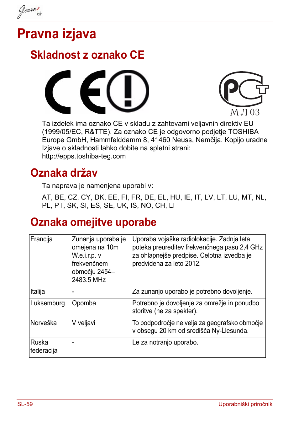 Pravna izjava, Skladnost z oznako ce, Oznaka držav | Oznaka omejitve uporabe | Toshiba JournE Air800-801 User Manual | Page 702 / 829