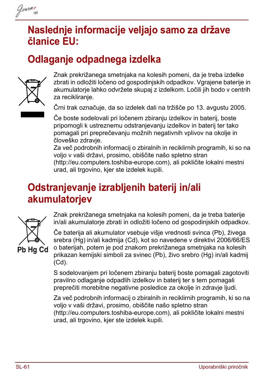 Odlaganje odpadnega izdelka | Toshiba JournE Air800-801 User Manual | Page 704 / 829