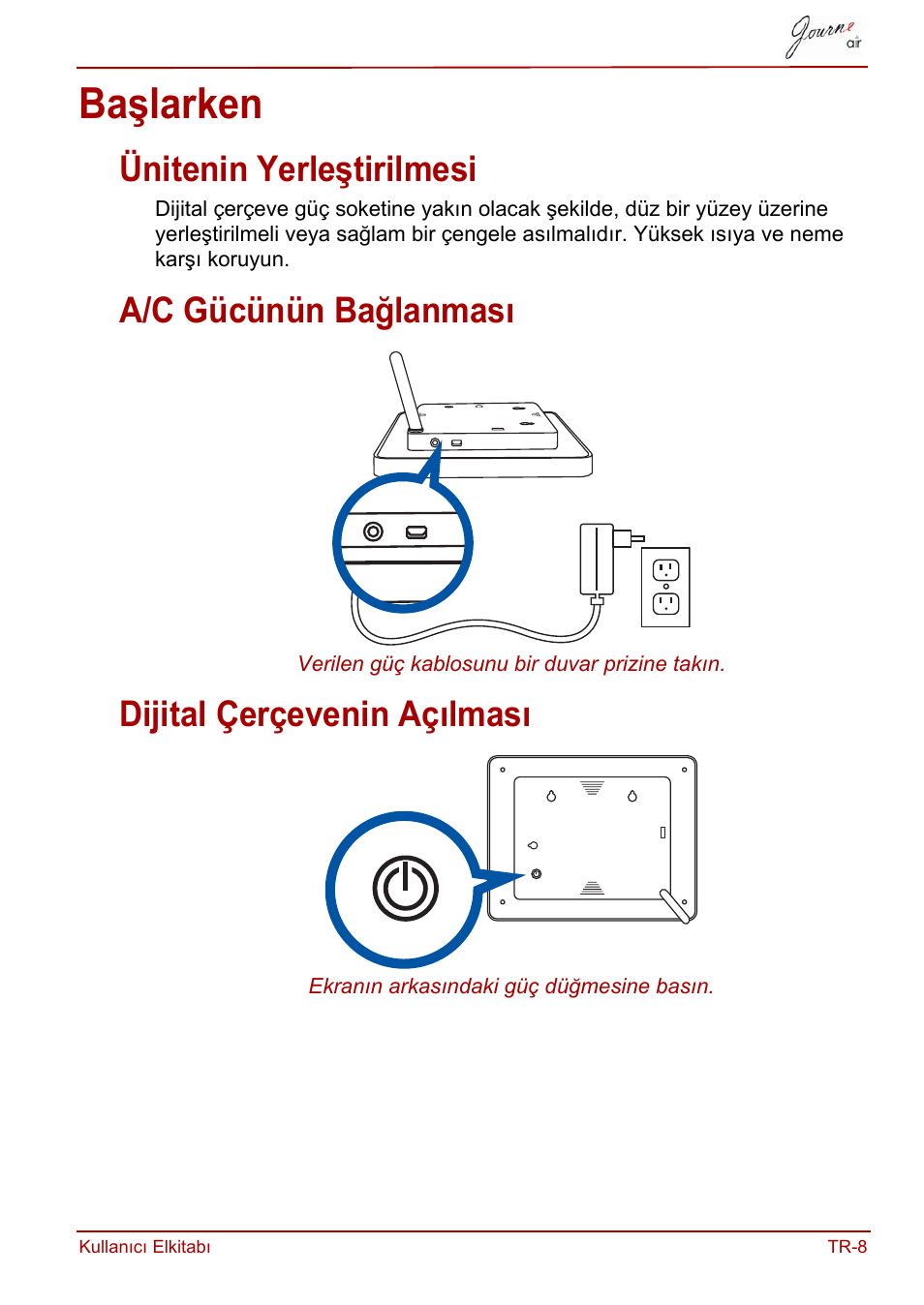 Başlarken, Ünitenin yerleştirilmesi, A/c gücünün bağlanması | Dijital çerçevenin açılması | Toshiba JournE Air800-801 User Manual | Page 713 / 829