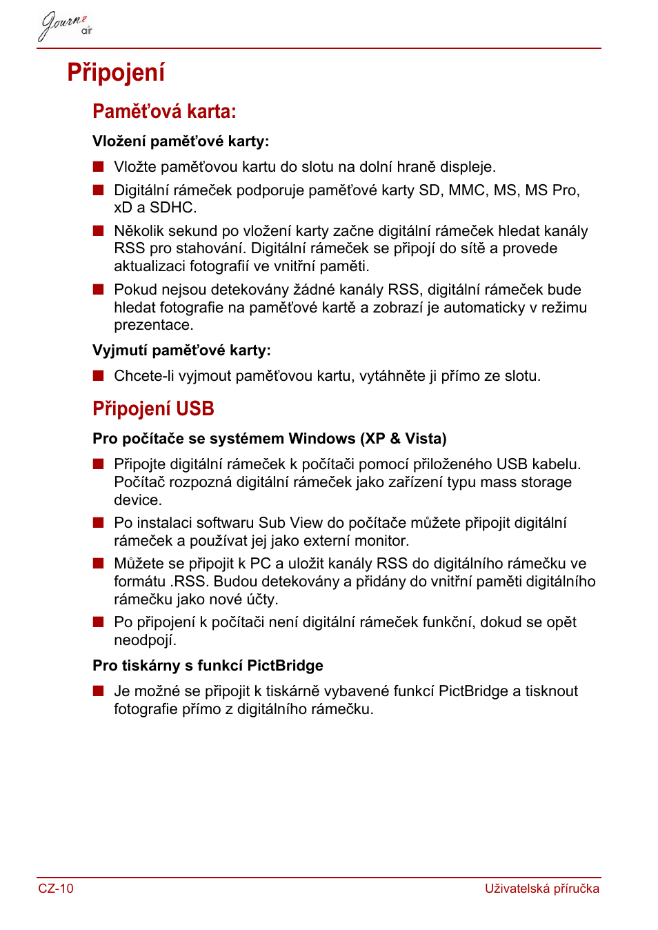 Připojení, Paměťová karta, Připojení usb | Paměťová karta: připojení usb | Toshiba JournE Air800-801 User Manual | Page 72 / 829