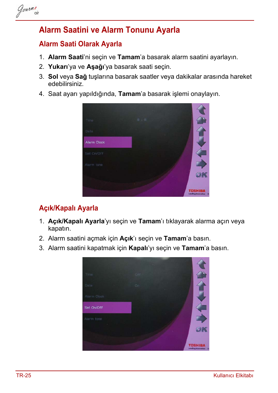 Alarm saatini ve alarm tonunu ayarla | Toshiba JournE Air800-801 User Manual | Page 730 / 829