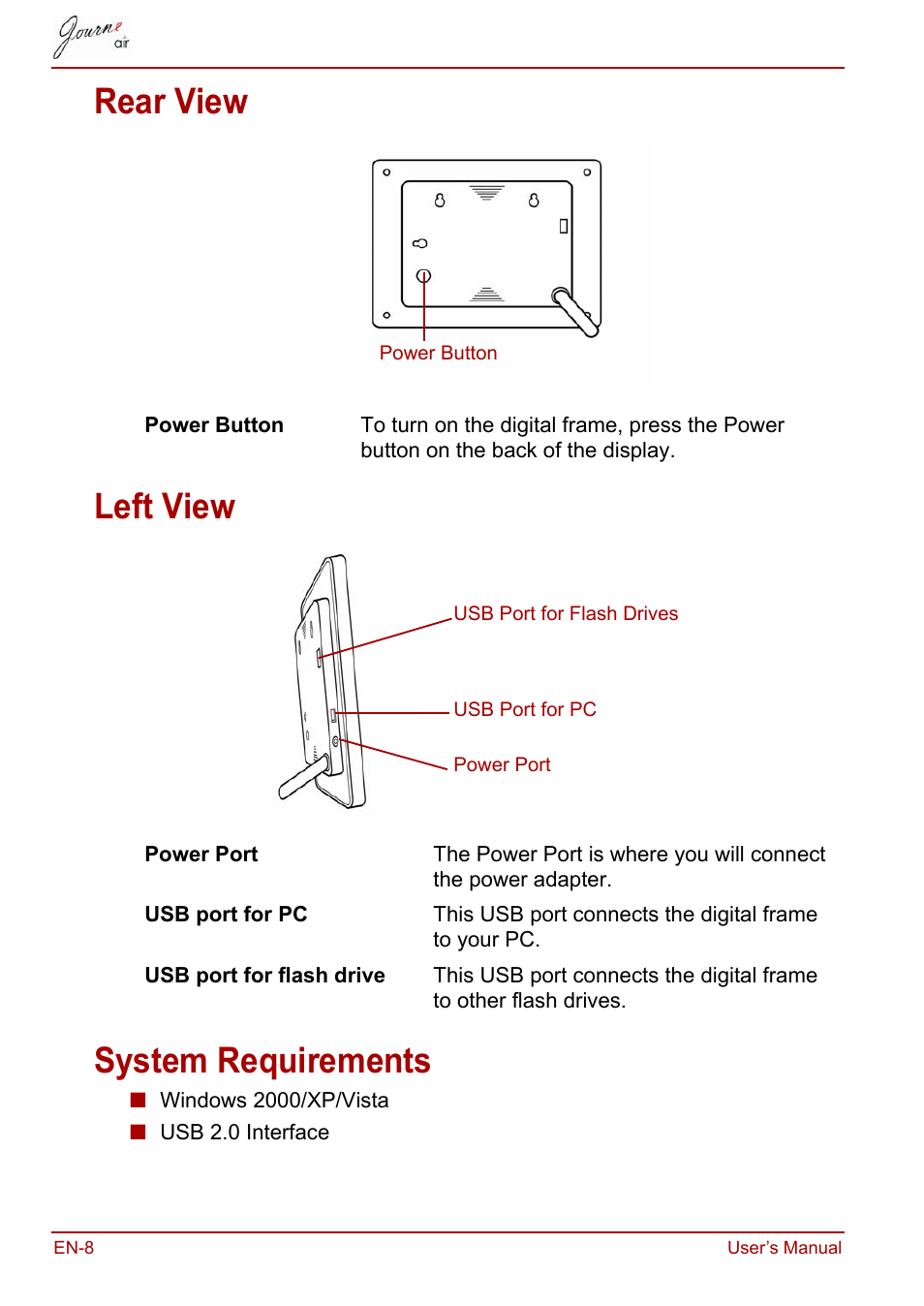 Rear view, Left view, System requirements | Rear view left view system requirements | Toshiba JournE Air800-801 User Manual | Page 8 / 829