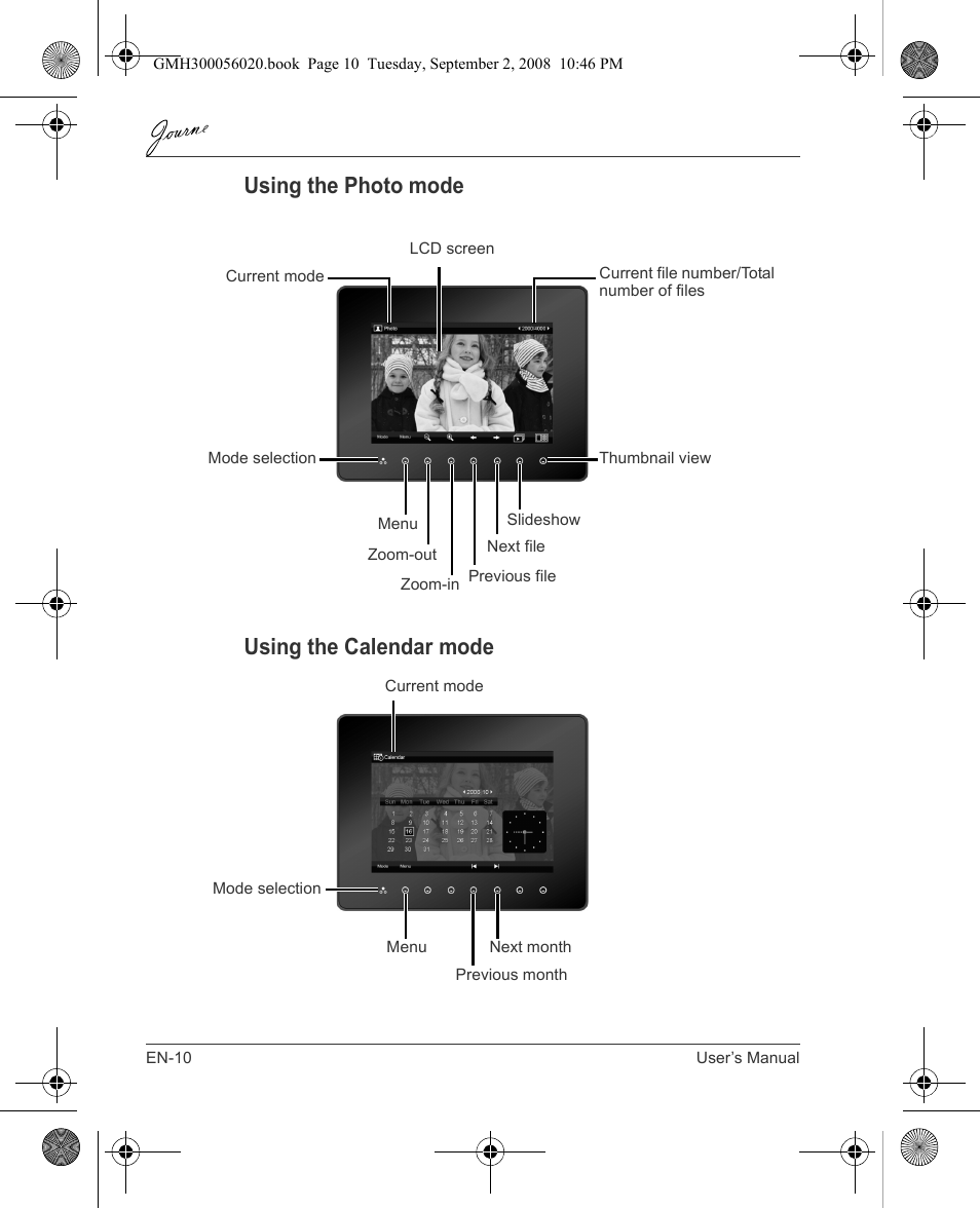 Using the photo mode using the calendar mode | Toshiba JournE F800-F801 User Manual | Page 10 / 244