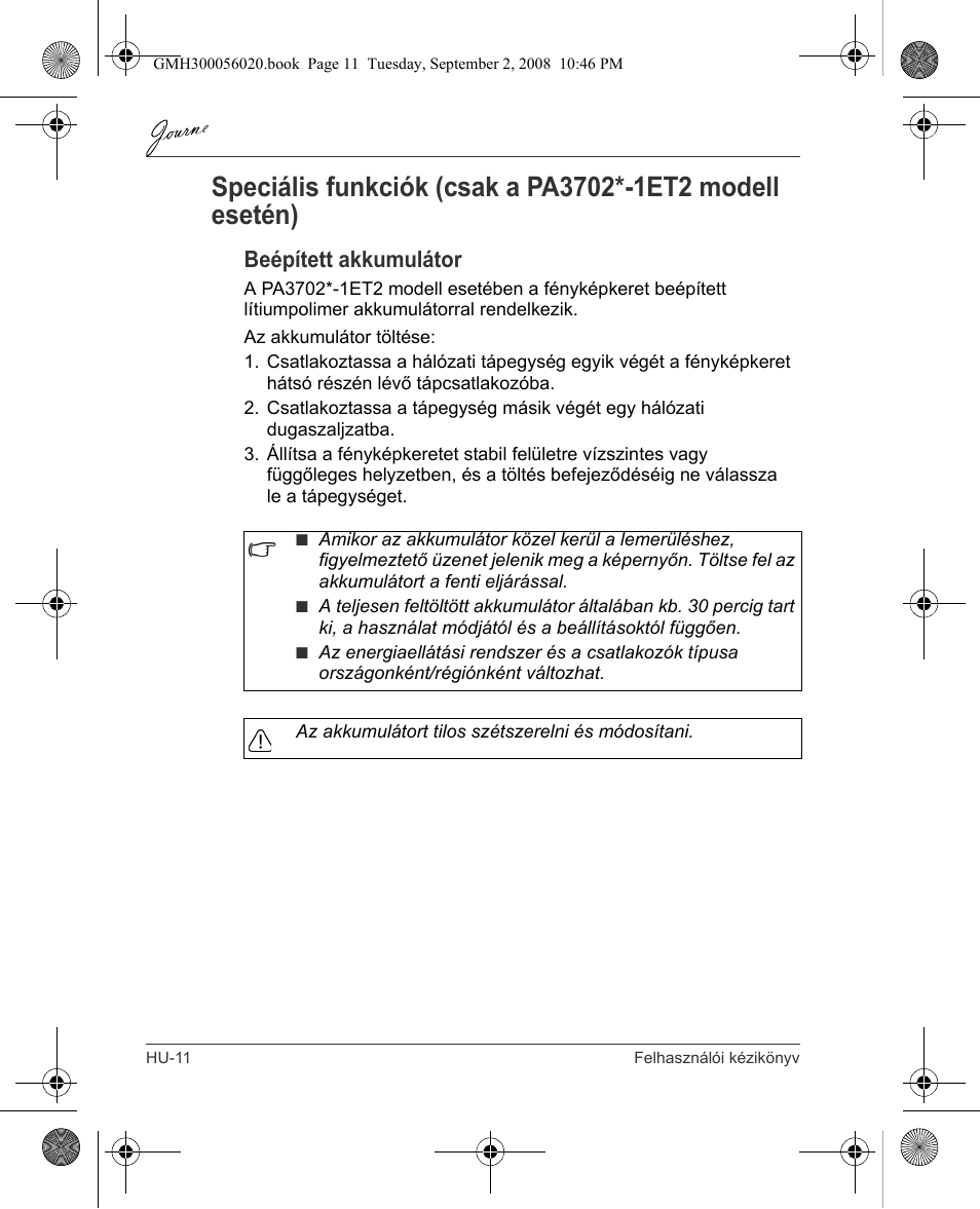 Beépített akkumulátor | Toshiba JournE F800-F801 User Manual | Page 108 / 244