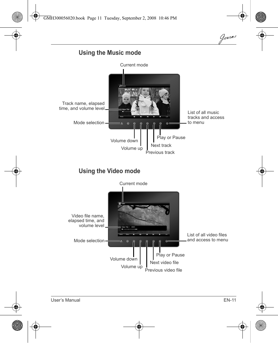 Using the music mode using the video mode | Toshiba JournE F800-F801 User Manual | Page 11 / 244