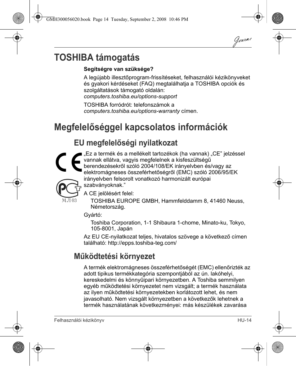 Toshiba támogatás, Megfelelőséggel kapcsolatos információk, Eu megfelelőségi nyilatkozat | Működtetési környezet | Toshiba JournE F800-F801 User Manual | Page 111 / 244