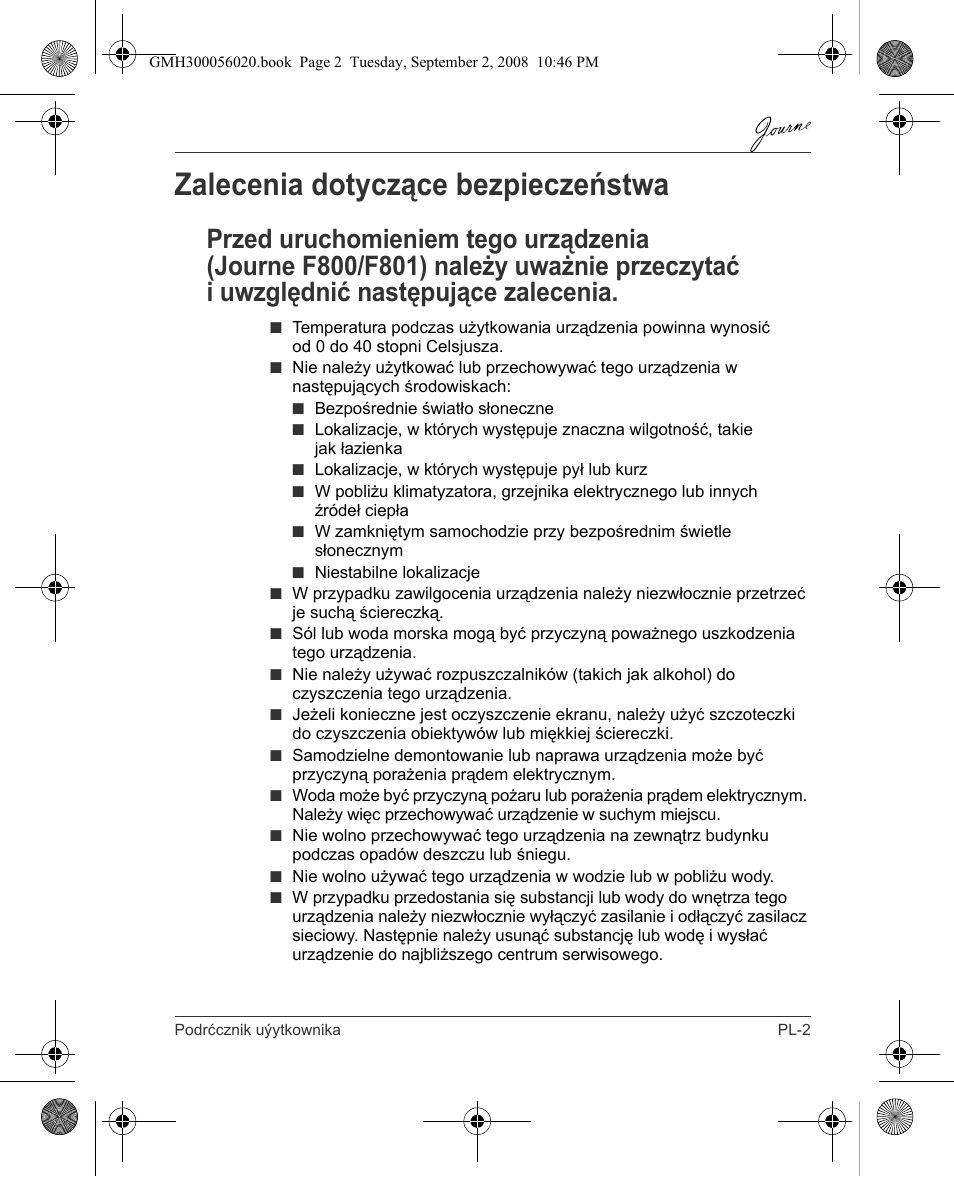 Zalecenia dotyczące bezpieczeństwa | Toshiba JournE F800-F801 User Manual | Page 115 / 244