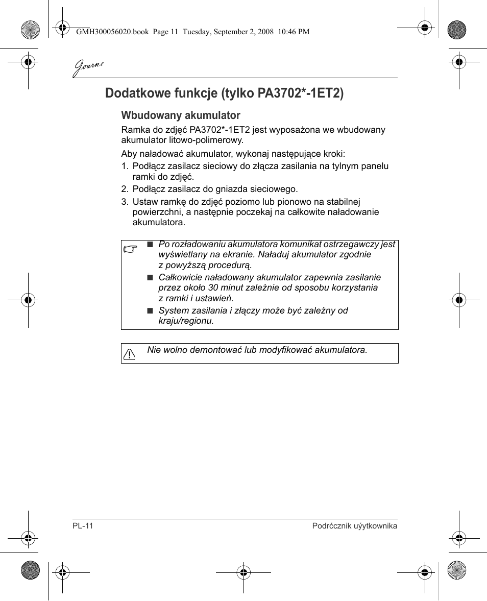 Wbudowany akumulator | Toshiba JournE F800-F801 User Manual | Page 124 / 244