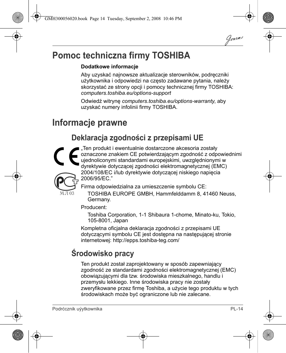 Pomoc techniczna firmy toshiba, Informacje prawne, Deklaracja zgodności z przepisami ue | Środowisko pracy | Toshiba JournE F800-F801 User Manual | Page 127 / 244