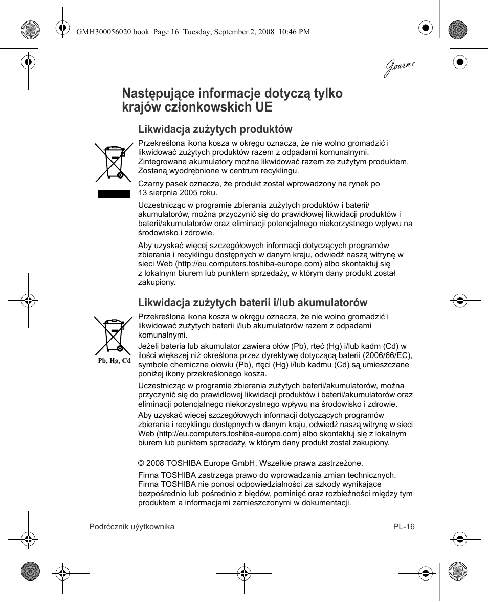Likwidacja zużytych produktów, Likwidacja zużytych baterii i/lub akumulatorów | Toshiba JournE F800-F801 User Manual | Page 129 / 244