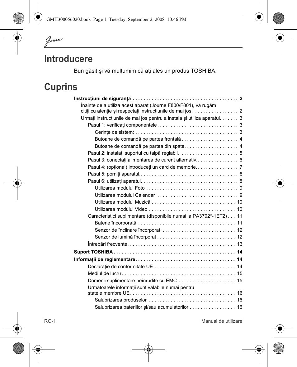 Introducere, Cuprins | Toshiba JournE F800-F801 User Manual | Page 130 / 244