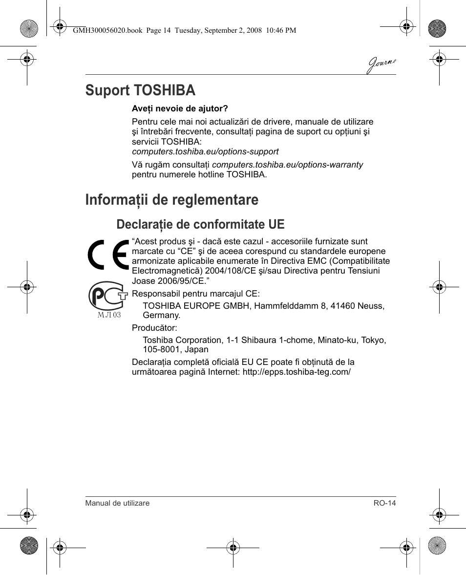 Suport toshiba, Informaţii de reglementare, Declaraţie de conformitate ue | Toshiba JournE F800-F801 User Manual | Page 143 / 244