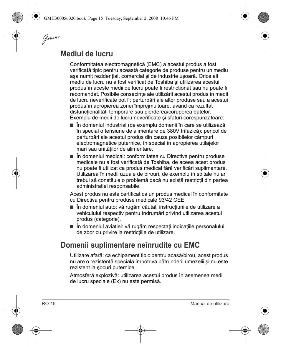 Mediul de lucru, Domenii suplimentare neînrudite cu emc | Toshiba JournE F800-F801 User Manual | Page 144 / 244