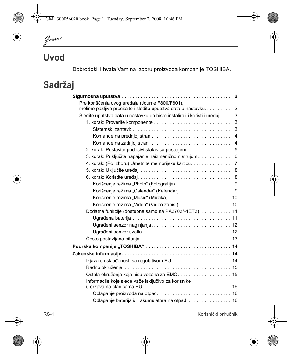 Uvod, Sadržaj | Toshiba JournE F800-F801 User Manual | Page 146 / 244