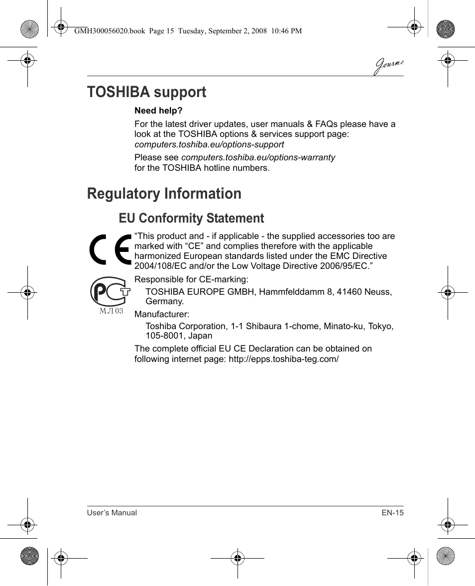 Toshiba support, Regulatory information, Eu conformity statement | Toshiba JournE F800-F801 User Manual | Page 15 / 244