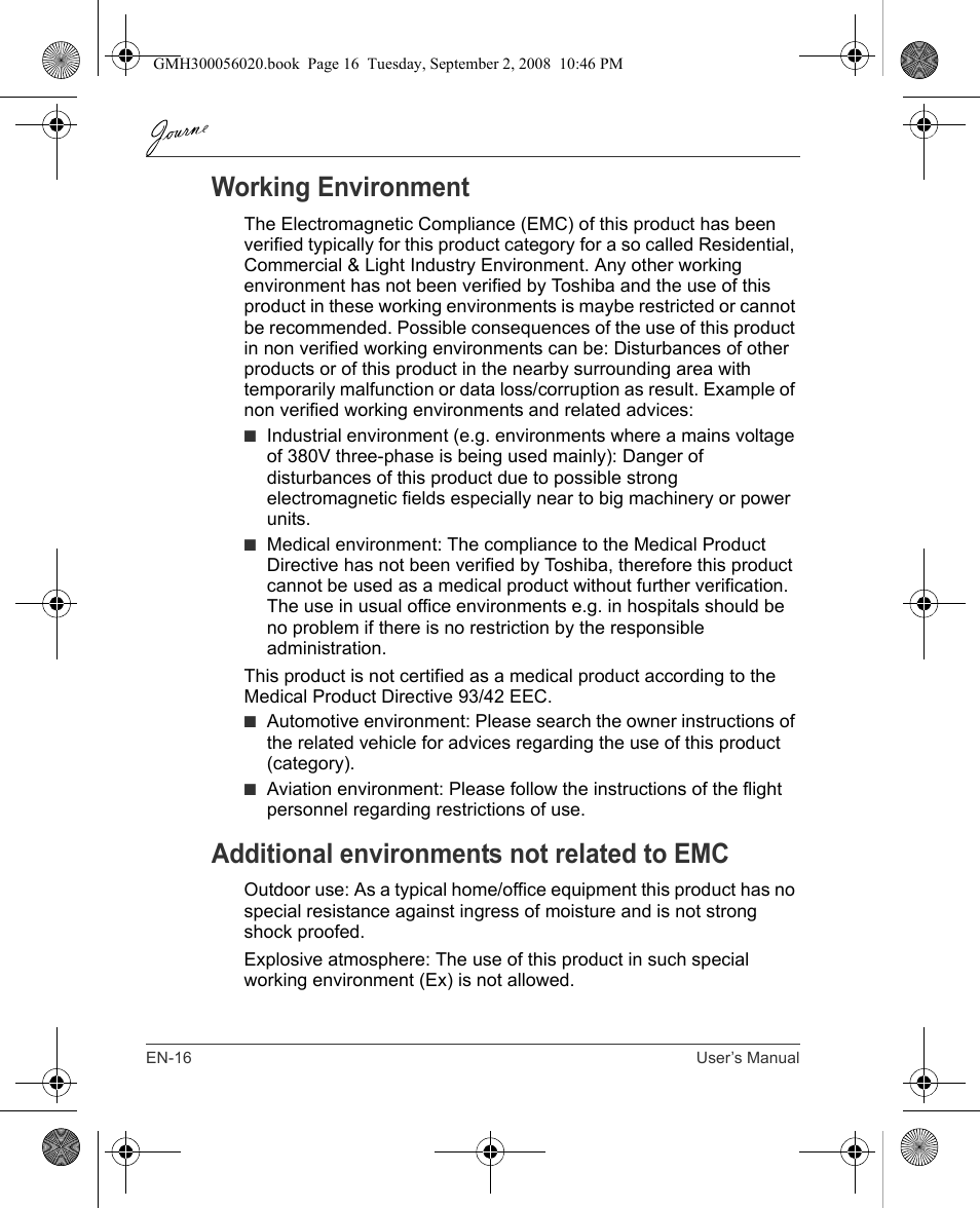 Working environment, Additional environments not related to emc | Toshiba JournE F800-F801 User Manual | Page 16 / 244