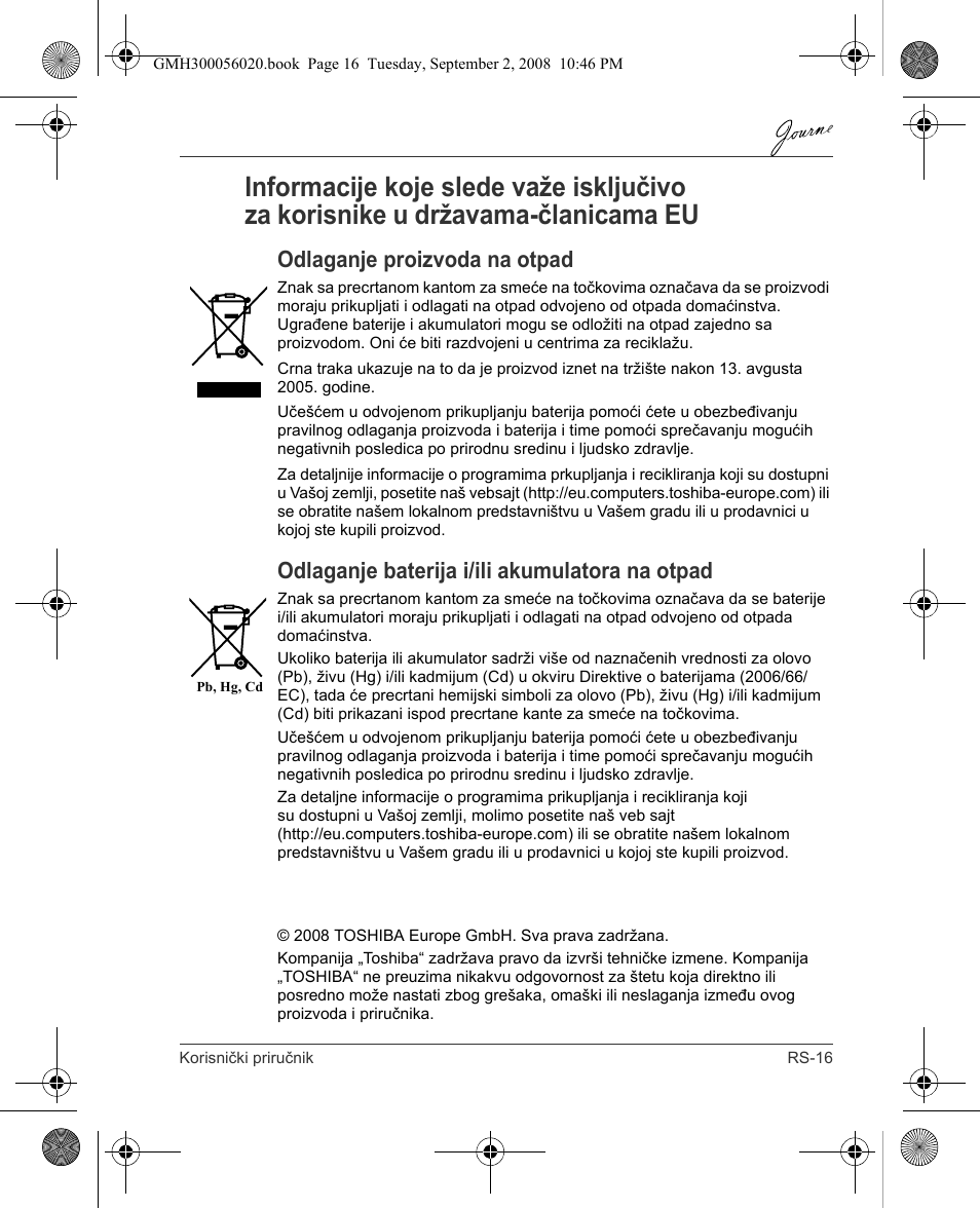 Odlaganje proizvoda na otpad, Odlaganje baterija i/ili akumulatora na otpad | Toshiba JournE F800-F801 User Manual | Page 161 / 244