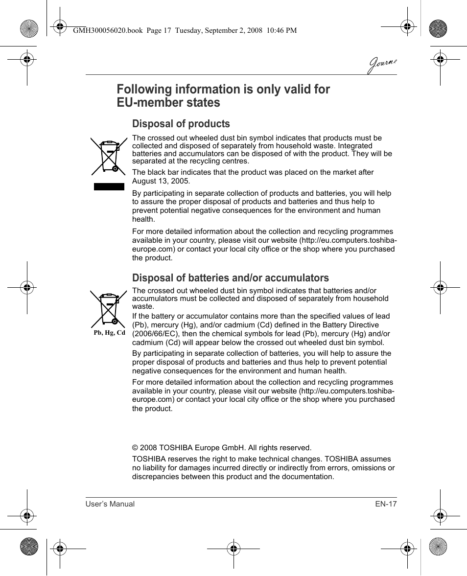 Disposal of products, Disposal of batteries and/or accumulators | Toshiba JournE F800-F801 User Manual | Page 17 / 244