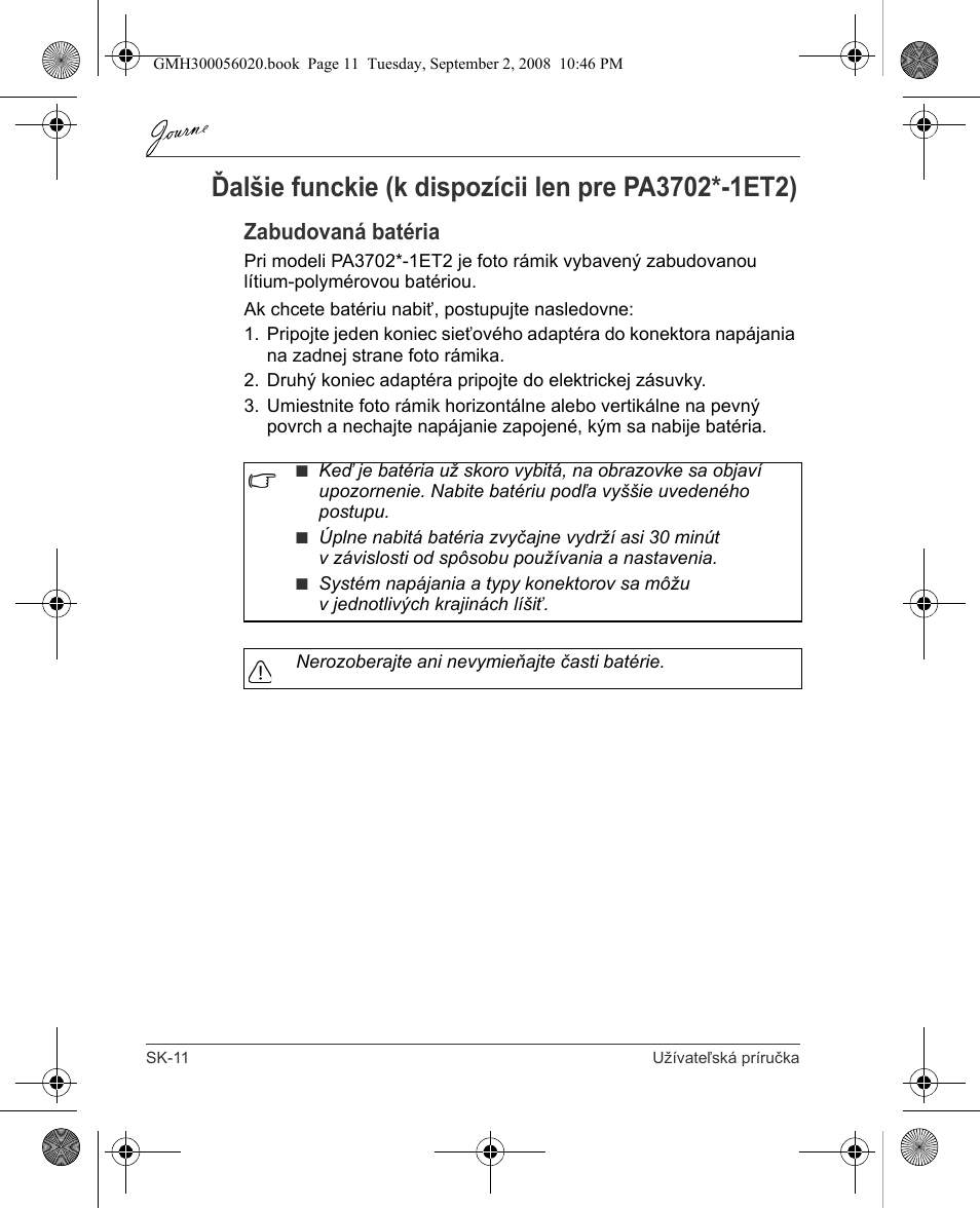 Zabudovaná batéria | Toshiba JournE F800-F801 User Manual | Page 188 / 244