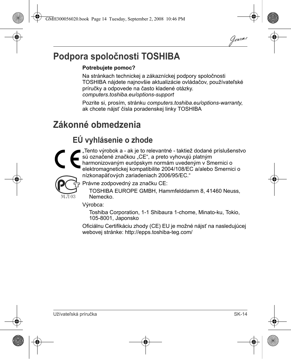 Podpora spoločnosti toshiba, Zákonné obmedzenia, Eú vyhlásenie o zhode | Toshiba JournE F800-F801 User Manual | Page 191 / 244