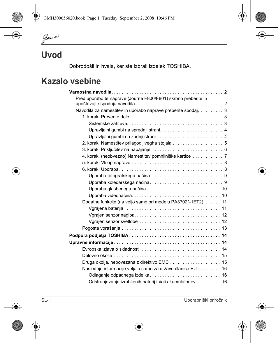 Uvod, Kazalo vsebine | Toshiba JournE F800-F801 User Manual | Page 194 / 244