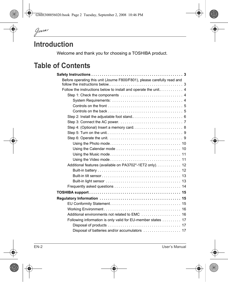 Toshiba JournE F800-F801 User Manual | Page 2 / 244