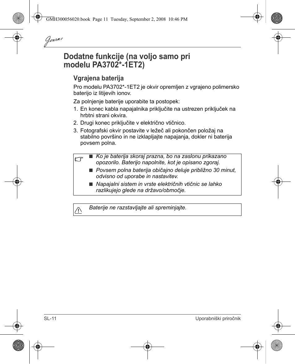 Vgrajena baterija | Toshiba JournE F800-F801 User Manual | Page 204 / 244