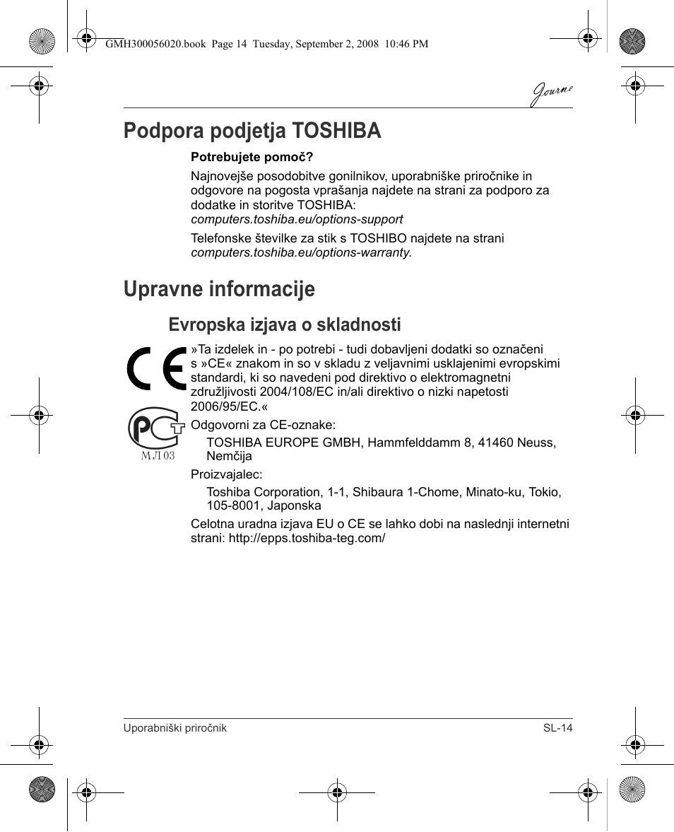 Podpora podjetja toshiba, Upravne informacije, Evropska izjava o skladnosti | Toshiba JournE F800-F801 User Manual | Page 207 / 244