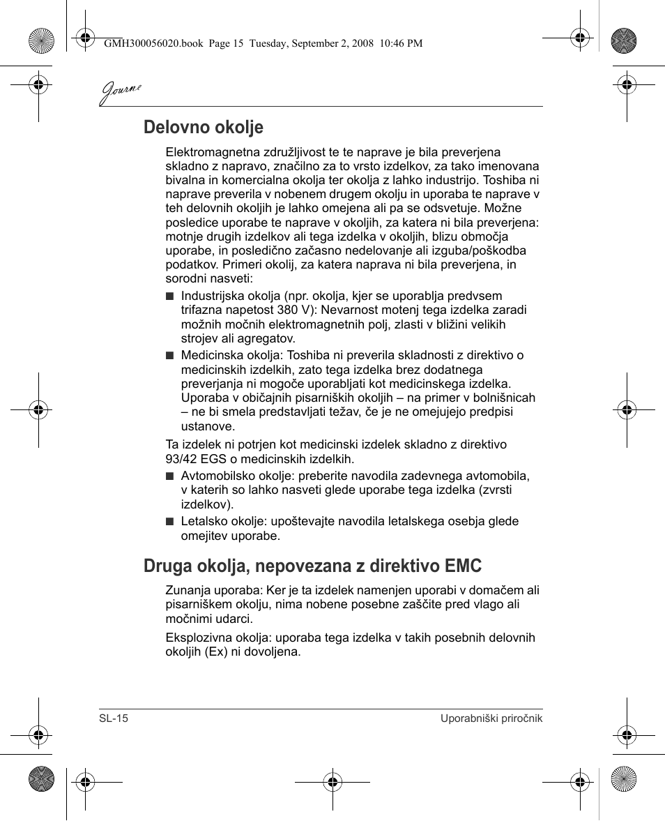 Delovno okolje, Druga okolja, nepovezana z direktivo emc | Toshiba JournE F800-F801 User Manual | Page 208 / 244