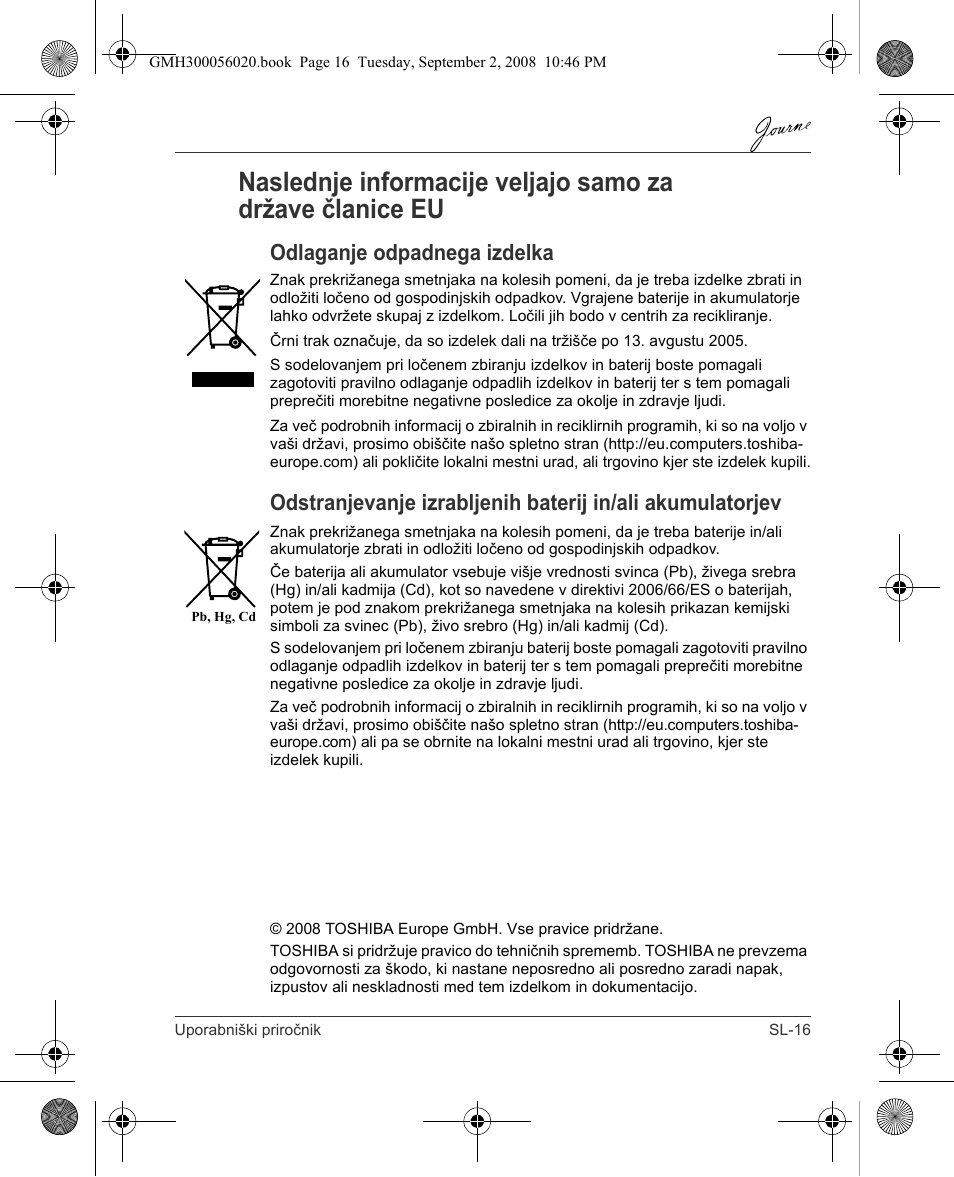 Odlaganje odpadnega izdelka | Toshiba JournE F800-F801 User Manual | Page 209 / 244